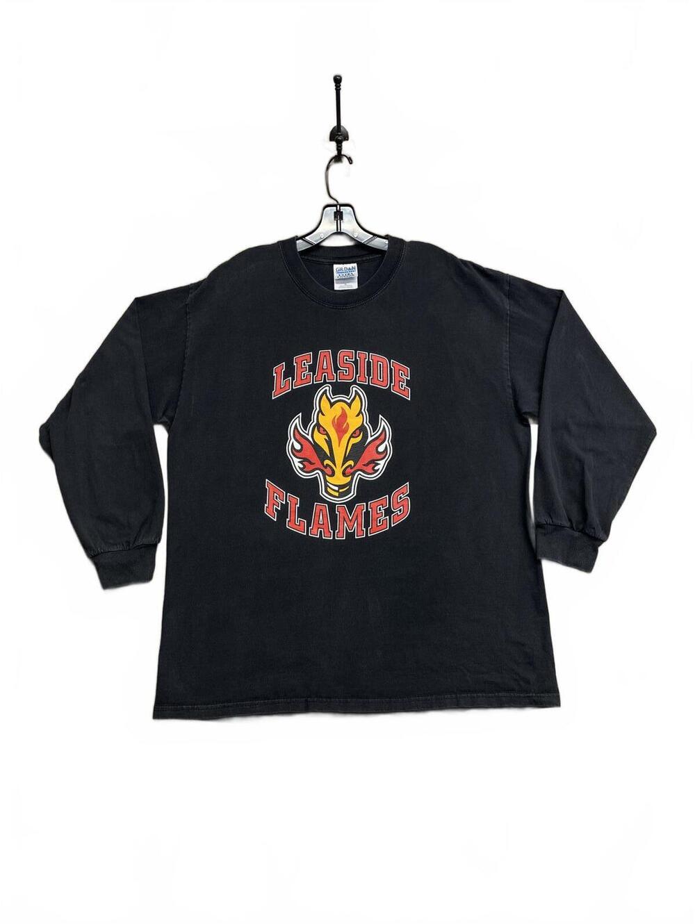 Vintage Y2K Leaside Flames Black Long Sleeve Graphic T-Shirt Gildan Tag Size XL